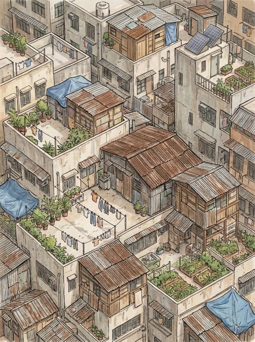 Viewed from above, a dense Hong Kong rooftop landscape reveals illegal additions and improvised stru