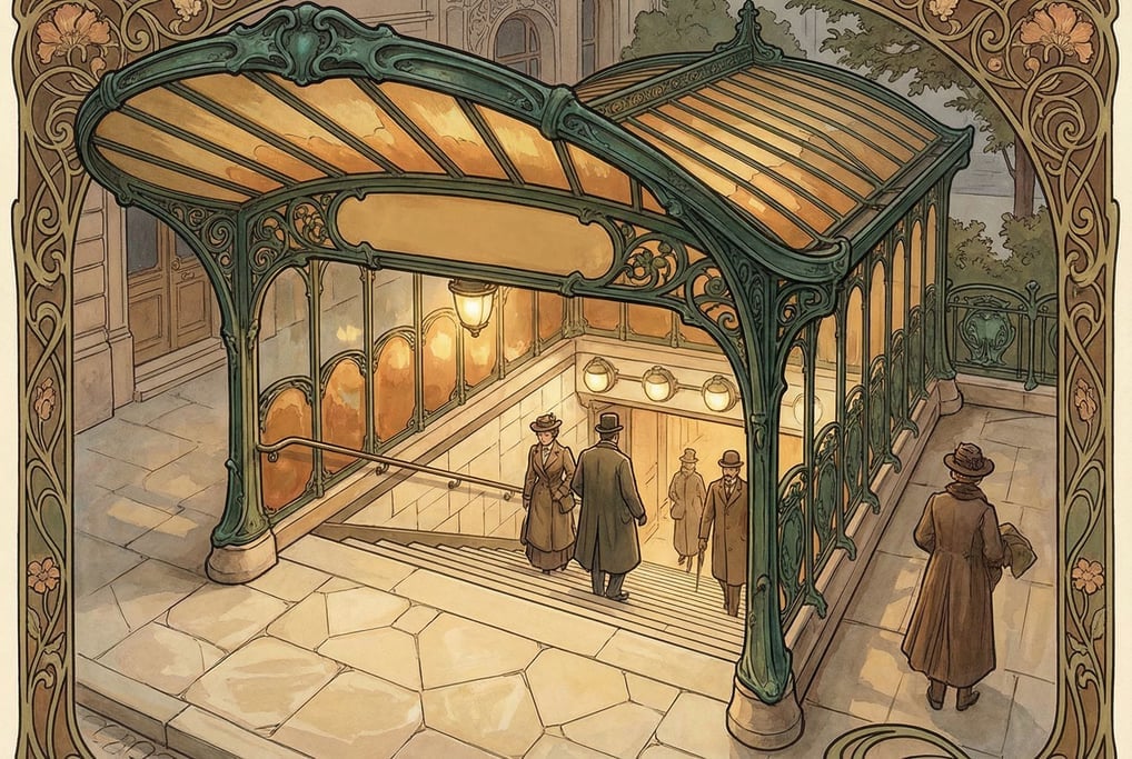 An illustration of an Art Nouveau metro station entrance