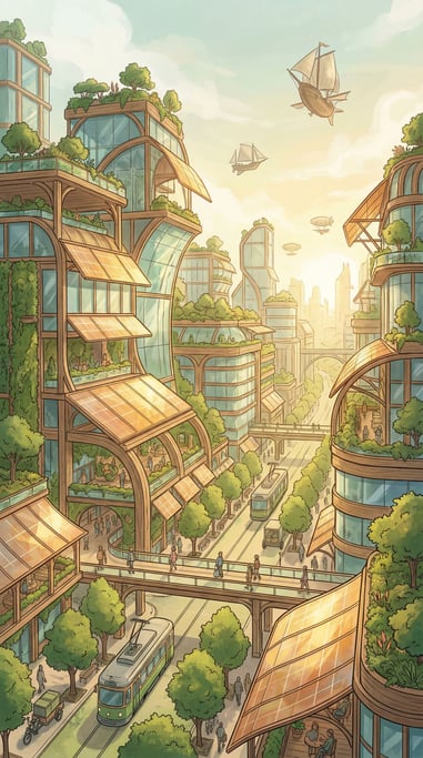 Every rooftop a garden, every street lined with trees — a solarpunk city illustration showing a gree
