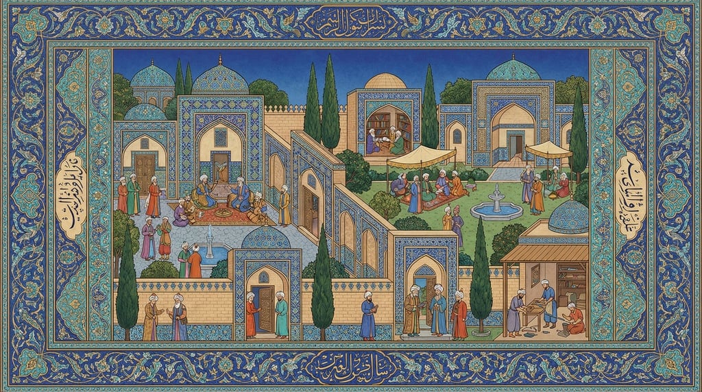 A Persian miniature-style illustration of a palace complex with gardens