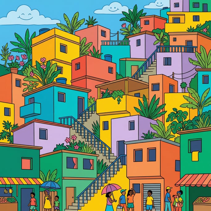 Colorful patchwork buildings stacked precariously up a steep hillside — a favela illustration where