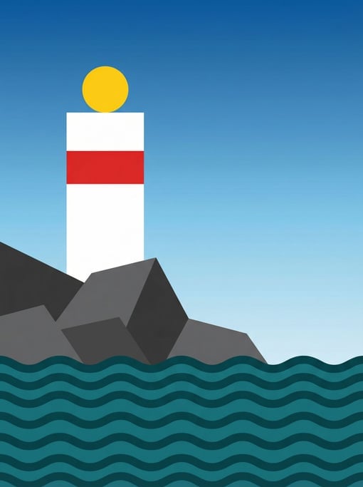 A minimal vector illustration of a single lighthouse on a rocky coast