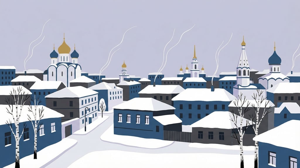 Onion-domed churches covered in snow anchor a frozen northern city