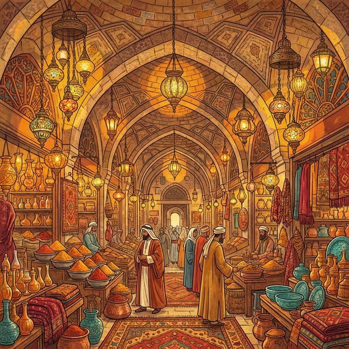 A maximalist illustration of a bazaar interior with vaulted ceilings