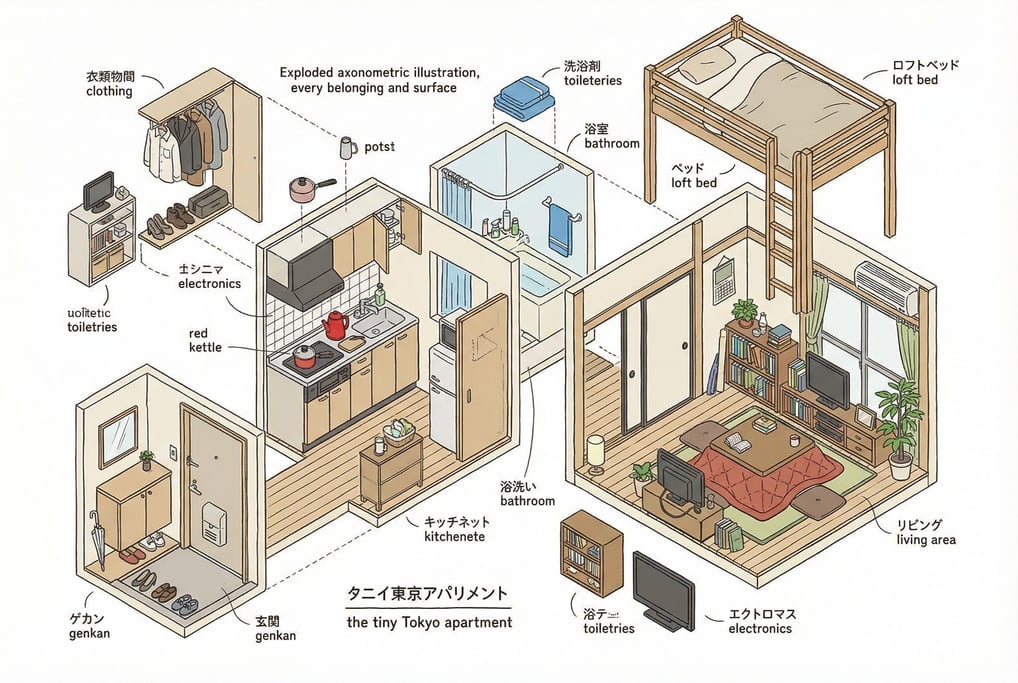 An exploded axonometric drawing of a tiny Tokyo apartment showing every belonging and surface in meticulous detail