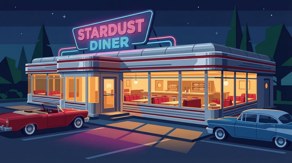 A flat-vector illustration of a 1950s American diner at night