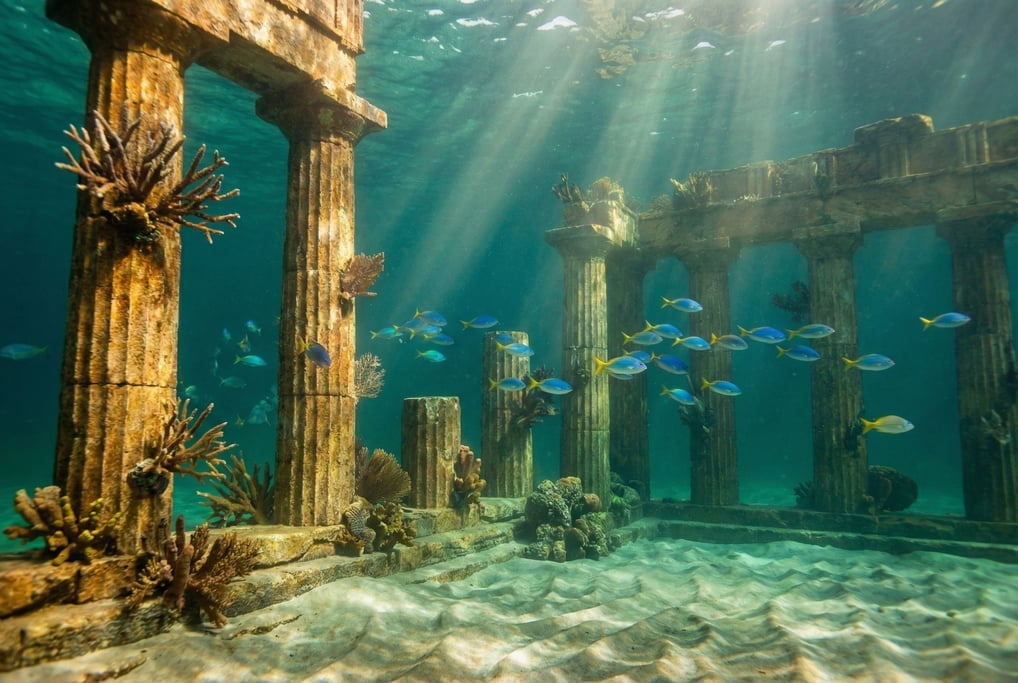 Columns half-buried in sand with coral growing on them — underwater ruins of a classical Greek temple