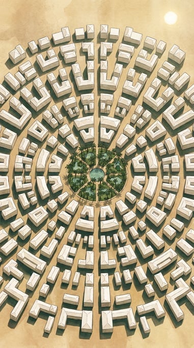 An aerial illustration of a desert city organized in perfect geometric patterns
