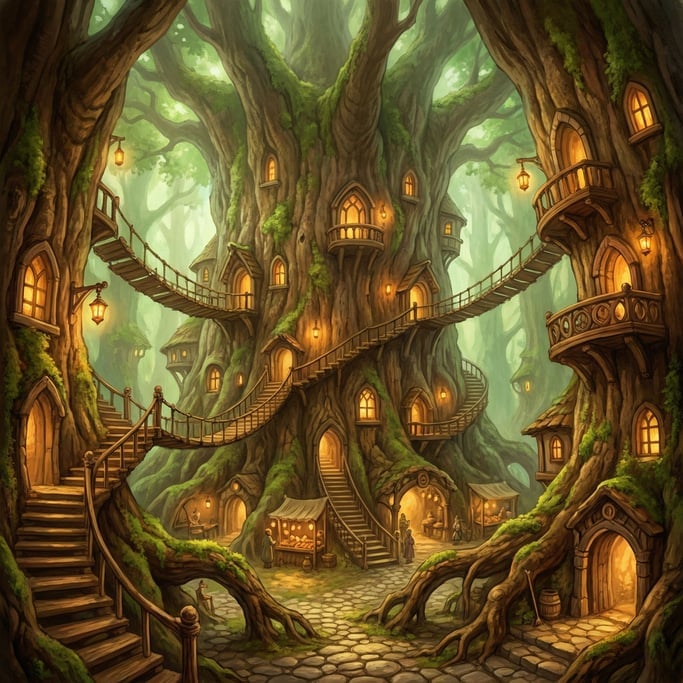 A fantastical illustration of a city built inside an enormous hollow tree