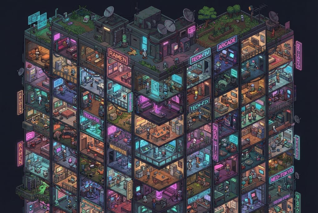 An isometric pixel-style illustration of a cyberpunk apartment block where every unit is visible