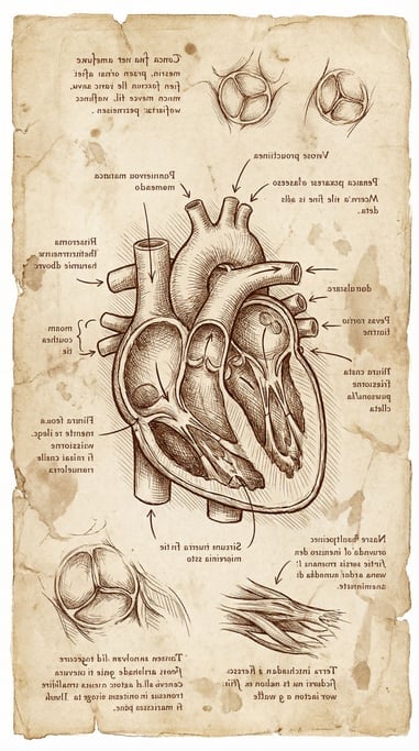 An anatomical diagram rendered in the style of Leonardo da Vinci's notebooks