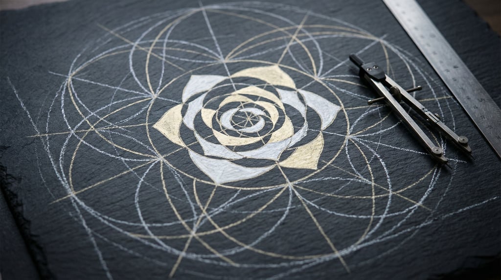 Overlapping circles traced by compass and straightedge construct a complex geometric rose pattern