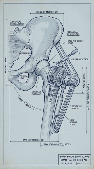 Human skeletal anatomy meets mechanical engineering in this biomechanical diagram — a hip joint rendered simultaneously as bone and as a precision-engineered ball-and-socket mechanism