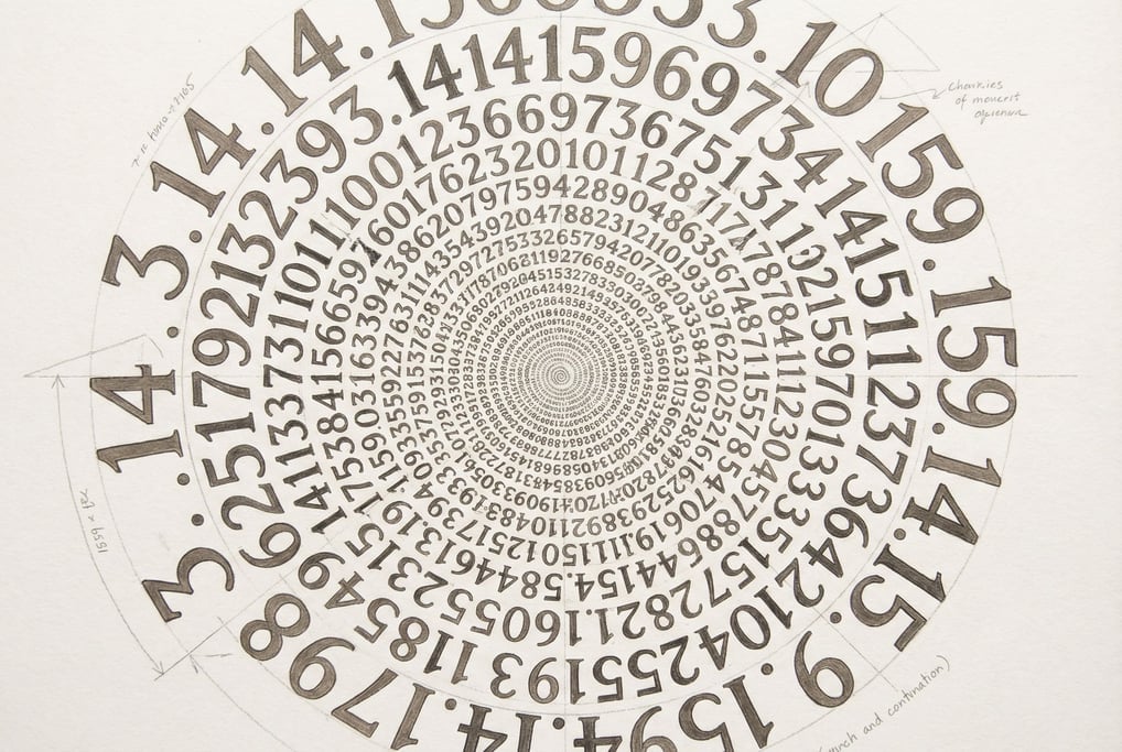 Letters and numbers of pi arranged in concentric rings with font size decreasing toward the center construct a mandala entirely from typographic elements