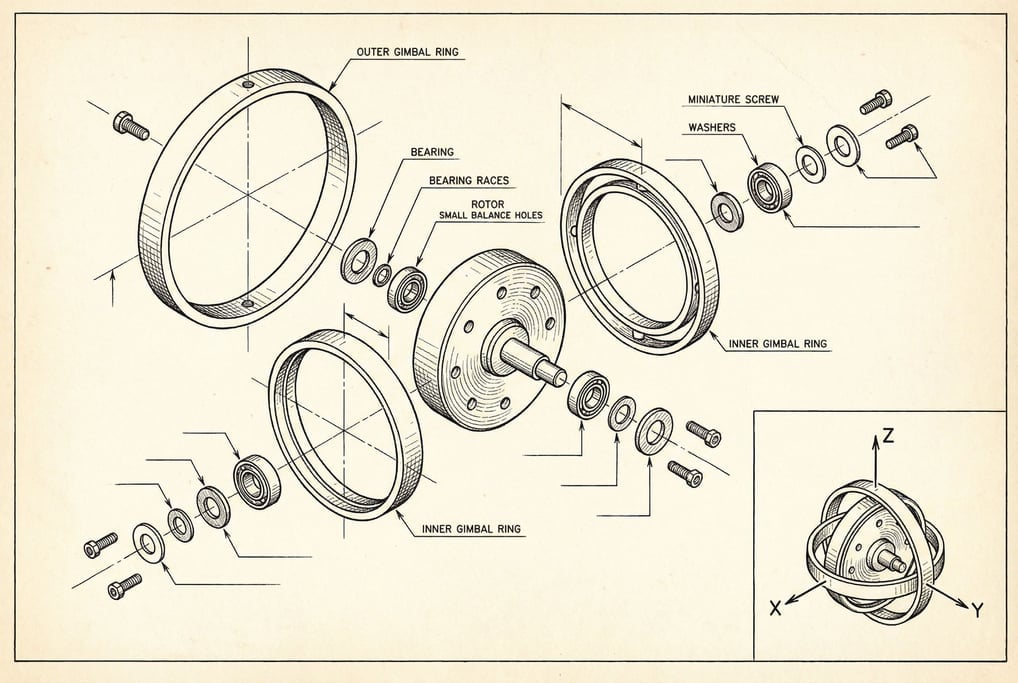 A precise technical illustration of a gyroscope in exploded view