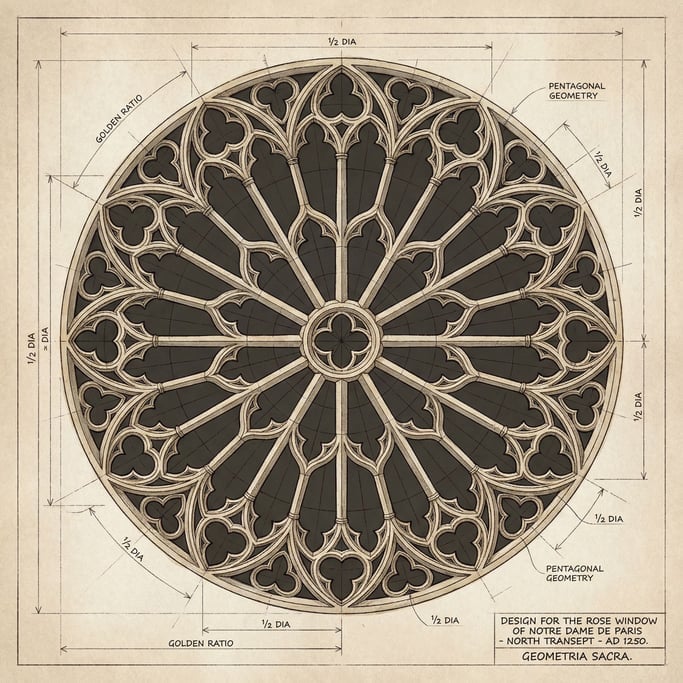 Every tracery element precisely rendered with construction lines visible — an architectural-scale technical drawing of a Gothic cathedral's rose window