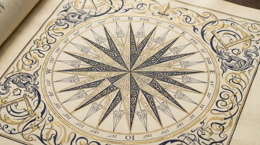 A complex compass rose design with thirty-two points