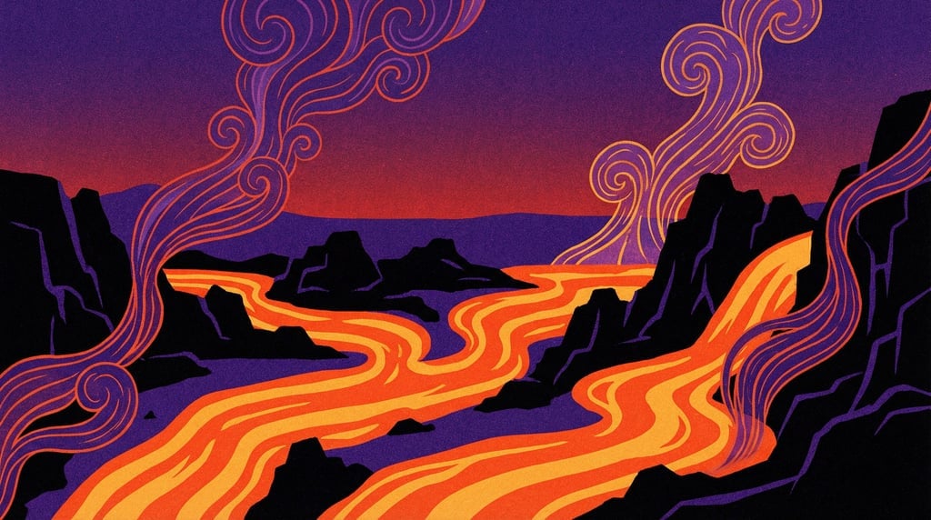 Rivers of lava flow between black basalt formations in a sweeping volcanic landscape at twilight