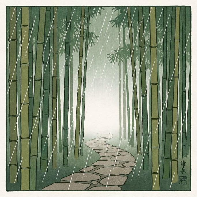 A Japanese-inspired illustration of a bamboo forest in rain