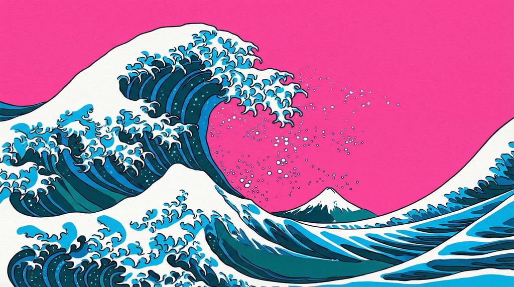 A stylized ocean wave illustration inspired by Hokusai but rendered in a contemporary color palette of deep teal