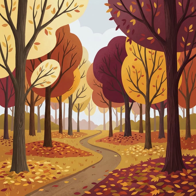 Every tree a different species in its peak fall color — the palette spanning from pale yellow through gold