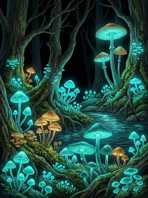 A midnight illustration of a field of bioluminescent mushrooms in a dark forest