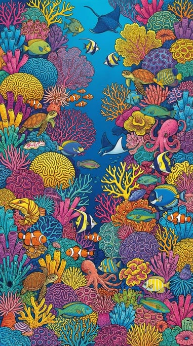 A coral reef illustration in a maximalist style with hundreds of species rendered in vivid detail