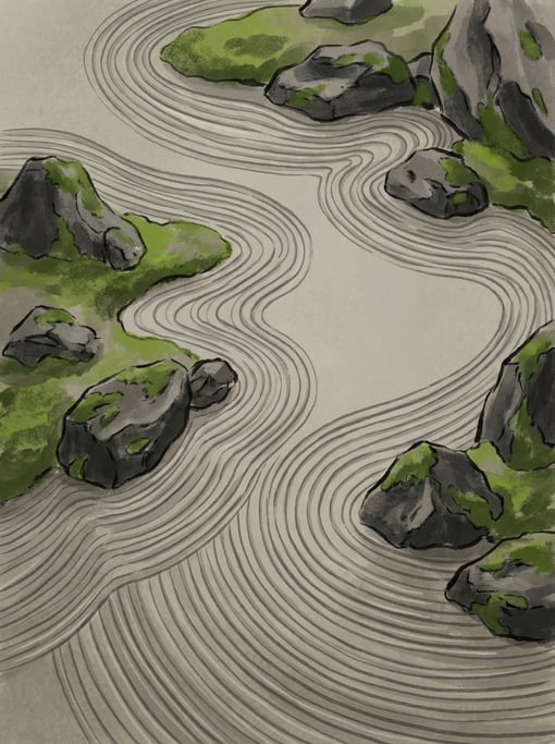 Raked sand patterns flow around strategically placed moss-covered boulders in a zen rock garden illustration