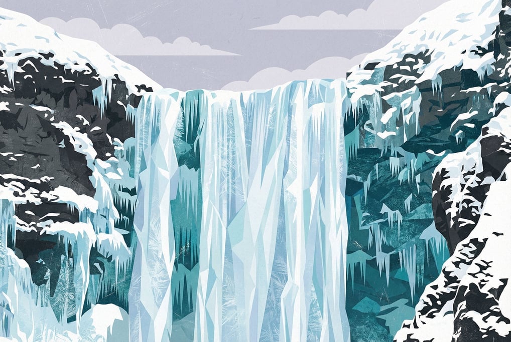 A wild winter illustration of a frozen waterfall
