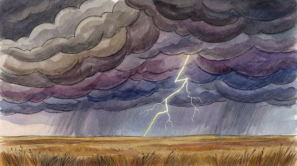 An illustration of a thunderstorm over open prairie