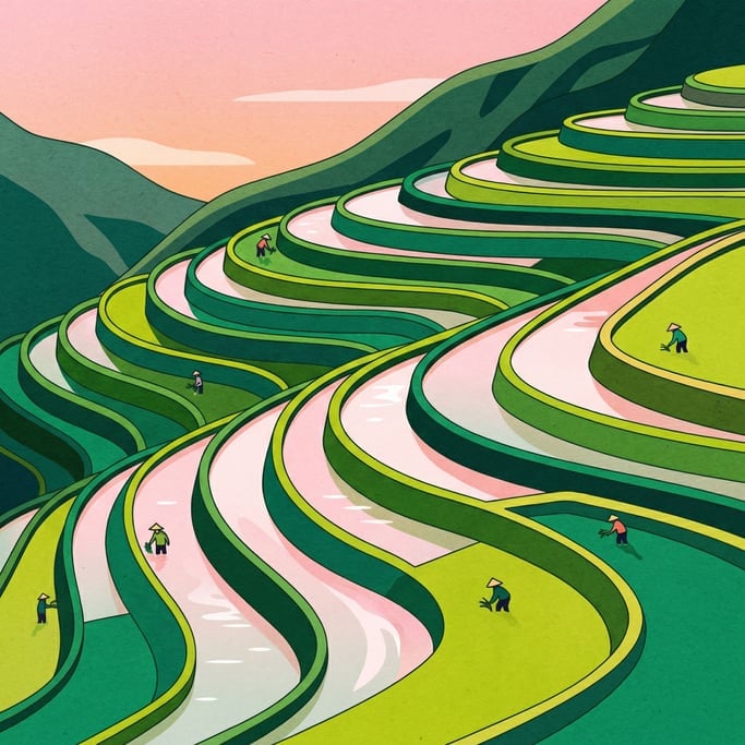 Water-filled terraces create a cascading pattern of reflecting pools down a mountainside in this terraced rice paddy illustration