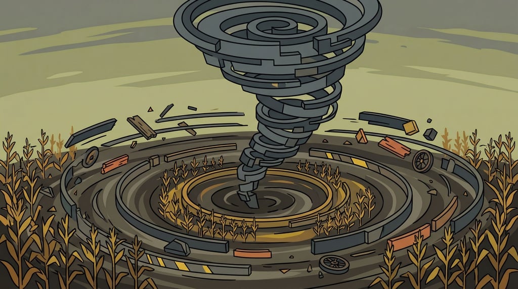 Dark gray funnel against a sickly green sky — a stylized tornado touching down in a cornfield