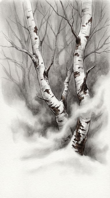 White birch trunks with their distinctive black markings emerge from and disappear into soft gray mist in a winter illustration