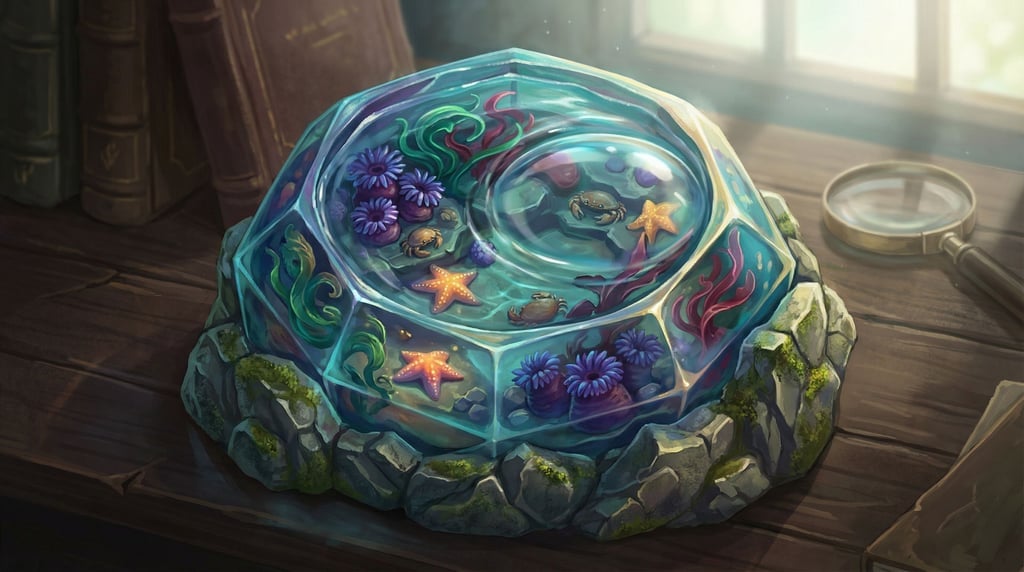 An illustration of a tidal pool ecosystem rendered as a jewel-like miniature world