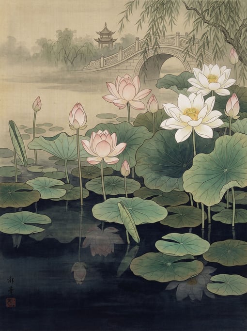 An illustration of a lotus pond with flowers in various stages of bloom
