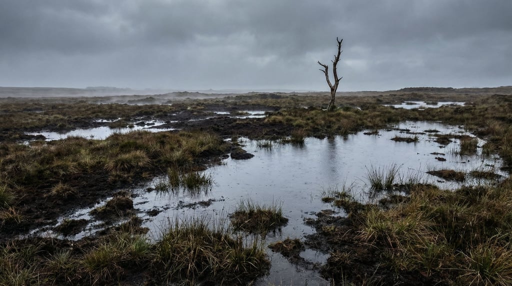 Flat and waterlogged terrain stretches beneath low overcast sky in this peat bog landscape