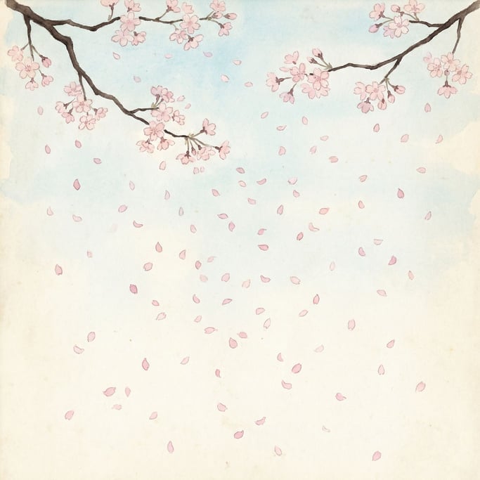 An illustration of cherry blossoms falling across the frame like pink snow