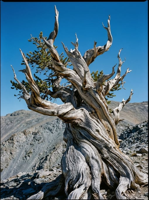 Twisted and weathered by millennia of harsh conditions into a natural sculpture — an ancient bristlecone pine on a windswept mountain ridge