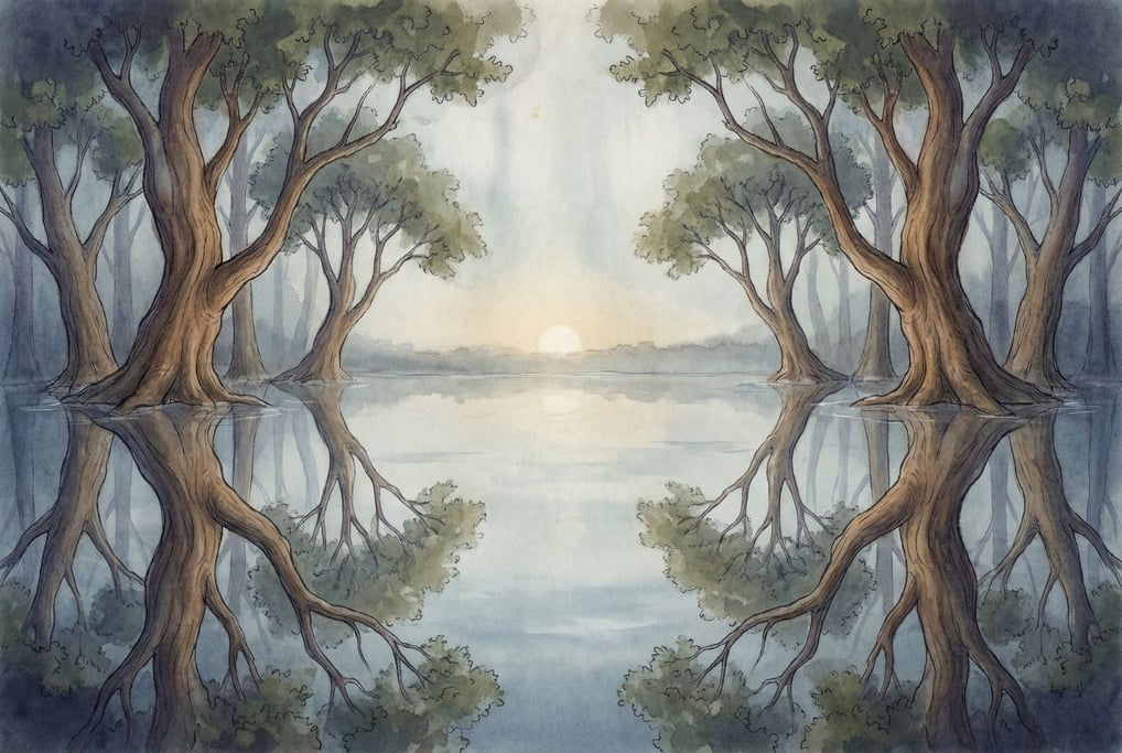 An illustration of a flooded forest with trees standing in mirror-still water