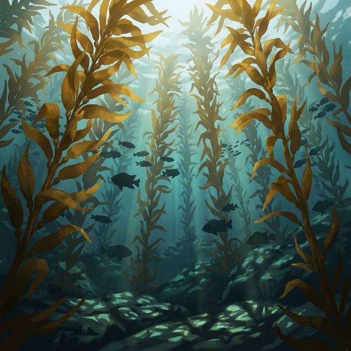 Massive kelp stalks rise from the dark seafloor to the bright surface like an underwater redwood grove in this illustration of a kelp forest seen from below