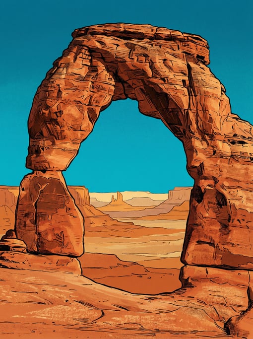 An illustration of a sandstone arch framing a distant desert landscape