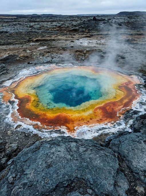 Vivid thermophilic colors ring a volcanic hot spring — orange
