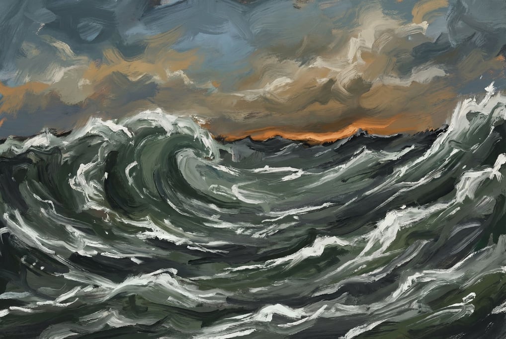 A seascape illustration of enormous waves under stormy skies