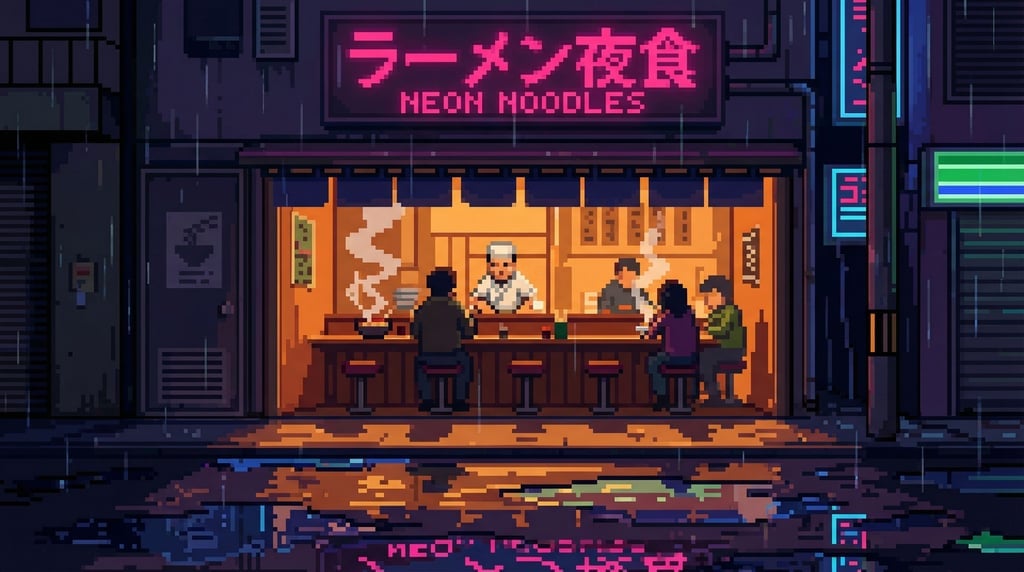 A pixel art illustration of a neon-lit ramen shop at night viewed from the street