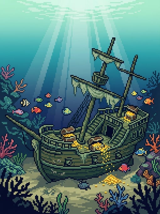 A pixel art illustration of an underwater scene with a sunken pirate ship on the ocean floor