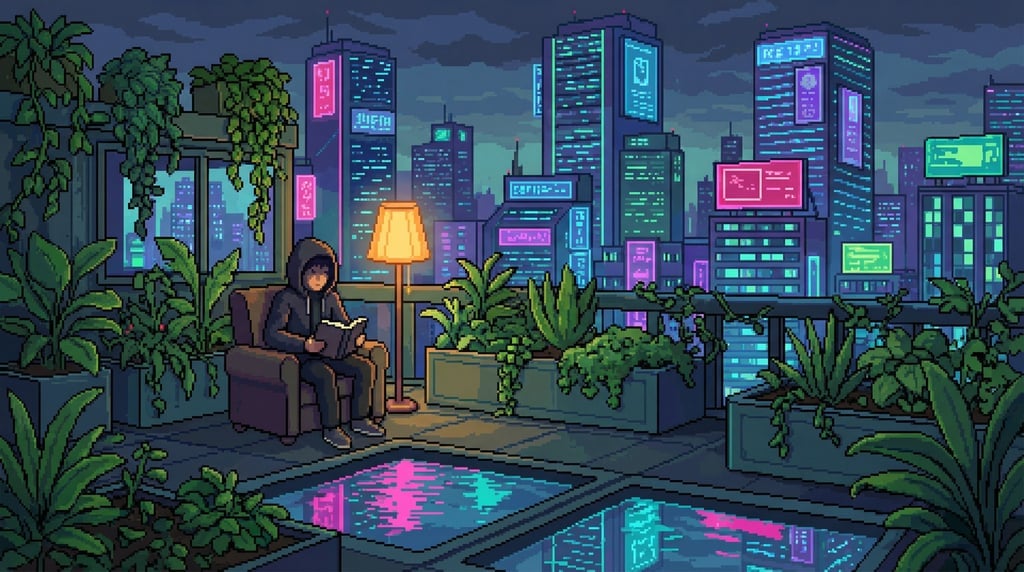 Green pixel plants grow in containers against a backdrop of skyscrapers in this pixel art rooftop garden set in a cyberpunk city
