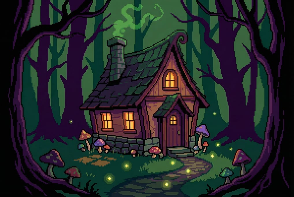 A pixel art illustration of a witch's cottage in a dark forest