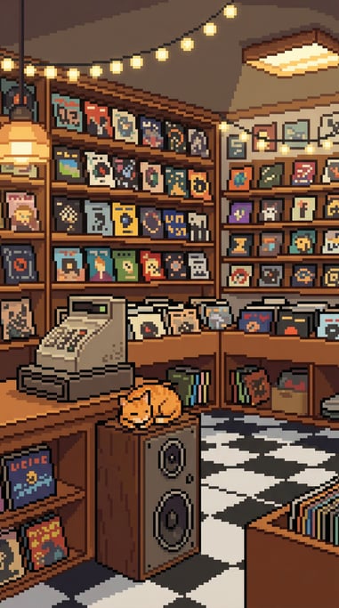 Shelves lined with tiny pixel album covers in various colors fill a pixel art record store interior