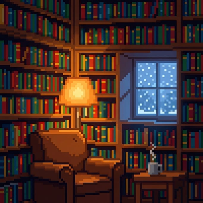 Floor-to-ceiling bookshelves where each book is a tiny rectangle of color line the walls of a pixel art library interior