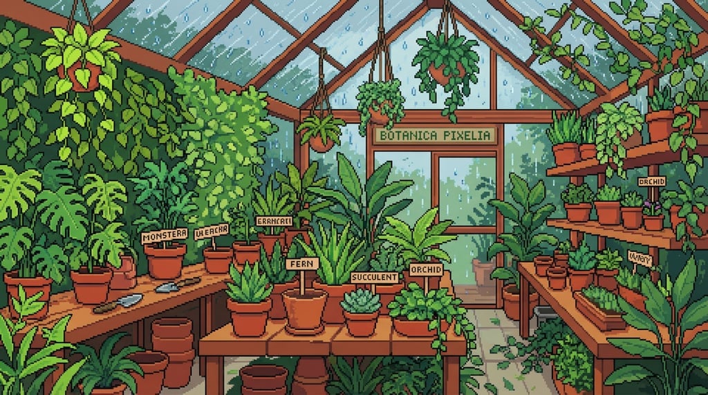 Exotic plants overflow every corner of a pixel art greenhouse interior